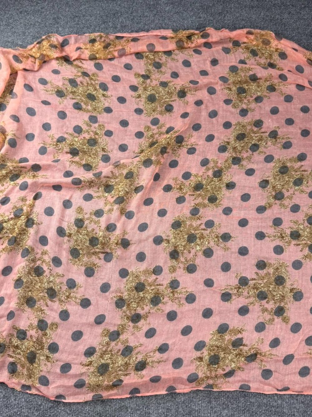 Vintage Sheer Pink Polka Dot Scarf Floral Gold Print Gauze Lightweight Wrap Flaw